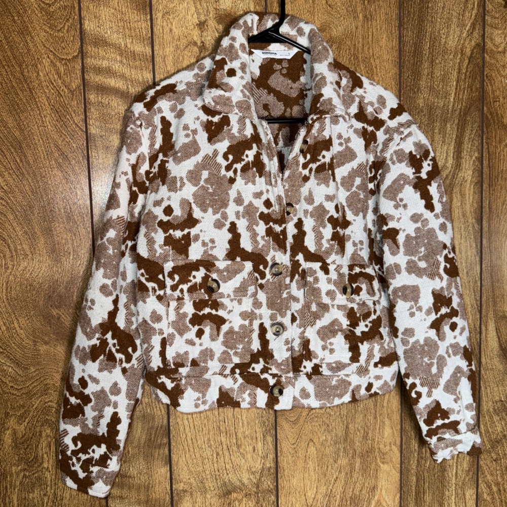 Sonoma Women Abstract Cow Print Cropped Bomber Jacket Brown Knit size Small